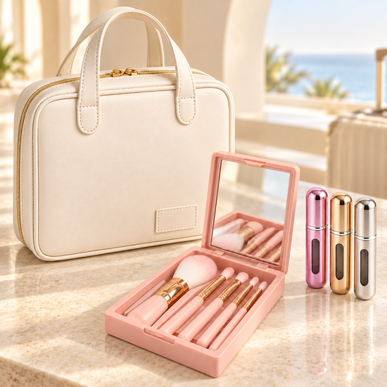 Beauty travel bundle with makeup bag, five brushes and three perfume atomizers