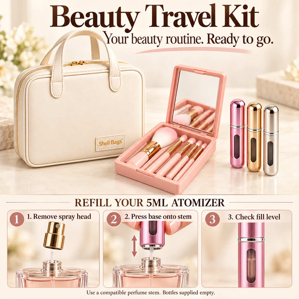 Beauty Travel Kit: ivory makeup bag, five pink brushes with mirror and three 5ml atomizers, with a three-step bottom-fill perfume refill guide.