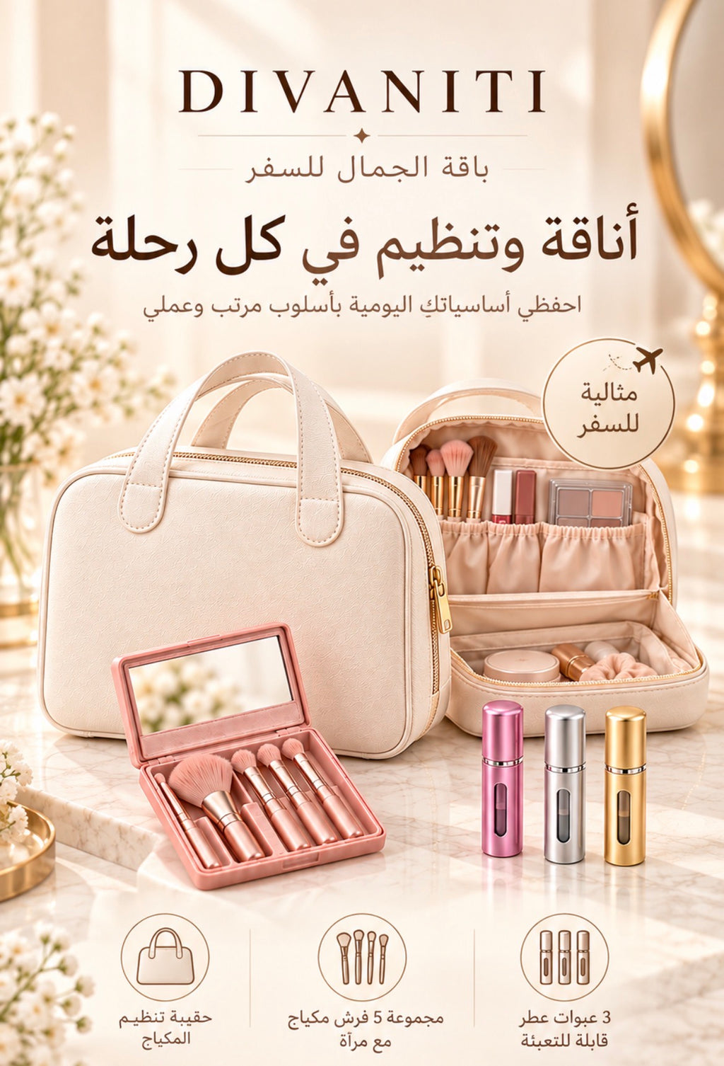 Beauty Travel Kit | Bag, Brushes & Atomizers