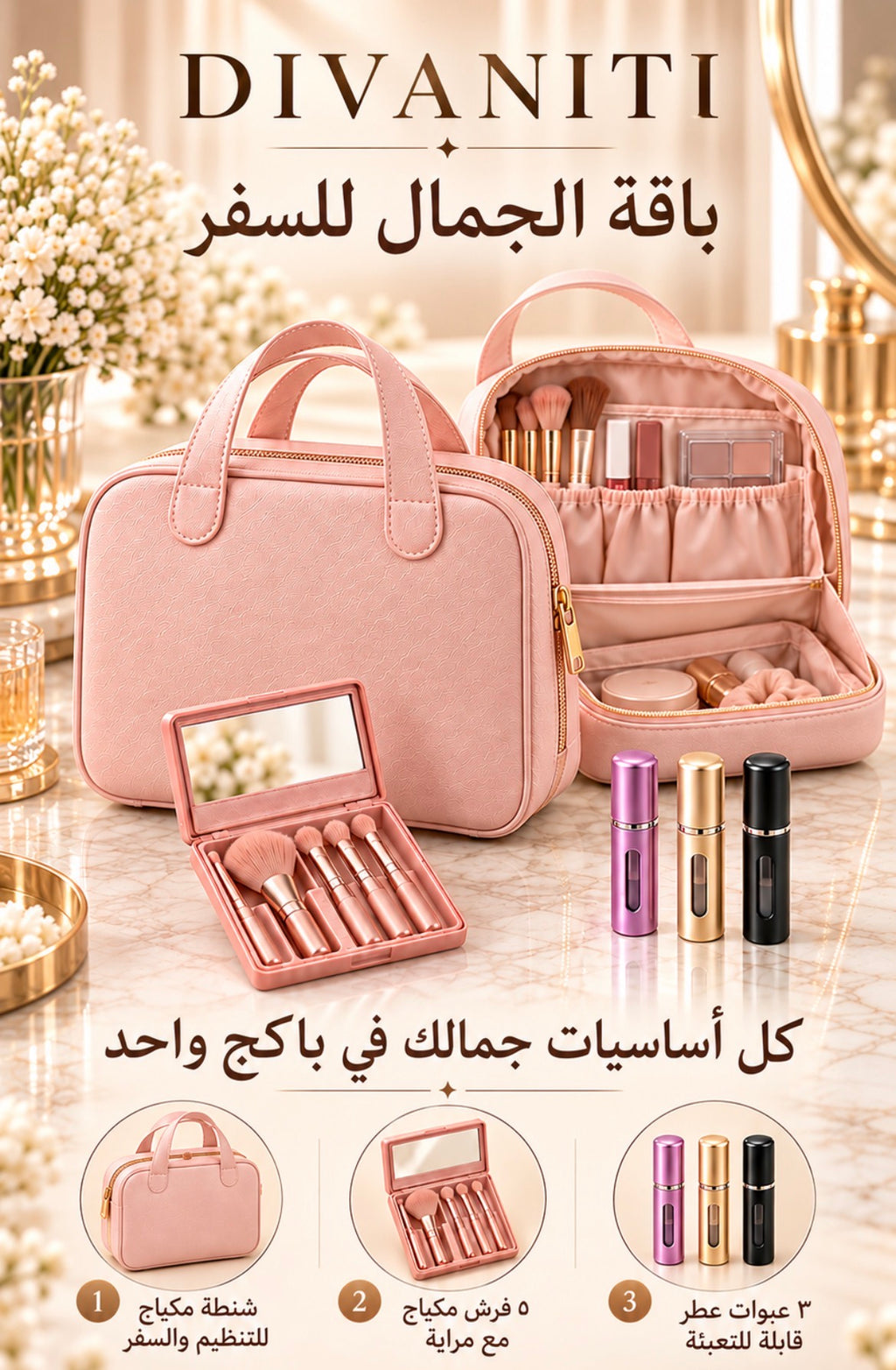 Beauty Travel Kit | Bag, Brushes & Atomizers